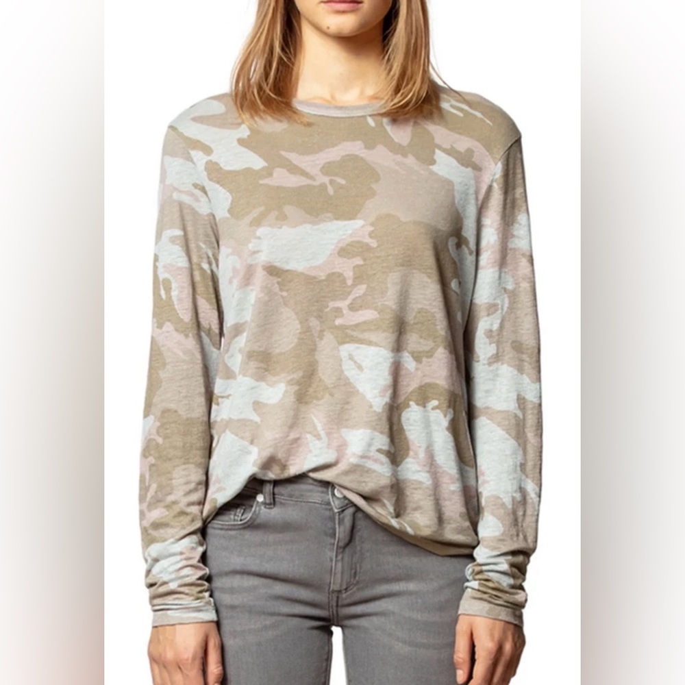 ZADIG‎ & VOLTAIRE Willy Lin 100% Linen Camo Long Sleeve T-Shirt Top Large